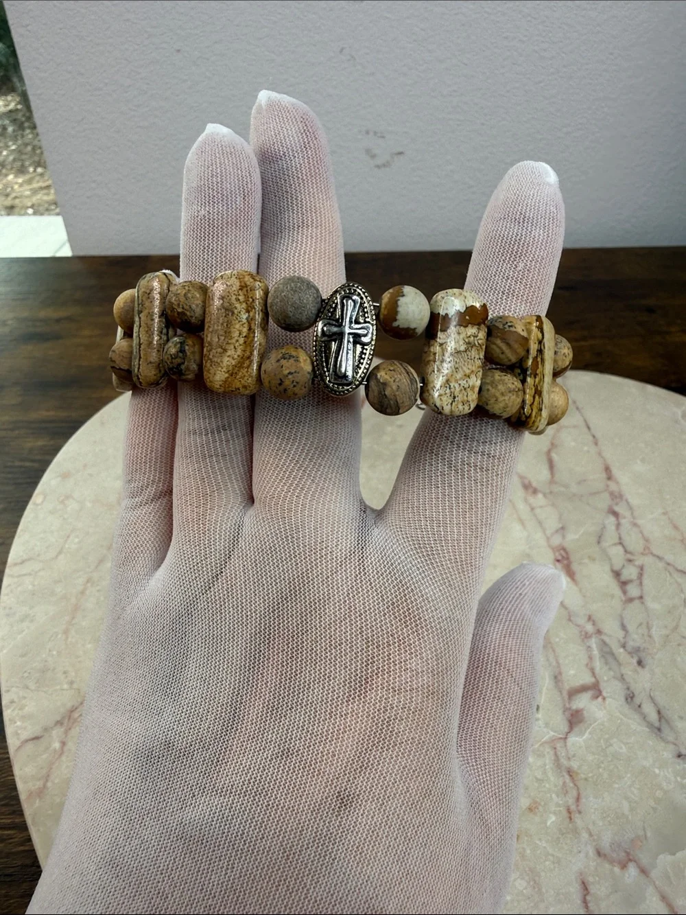 Brown Natural Stone Beaded Stretch Bracelet with Silver Cross Accent